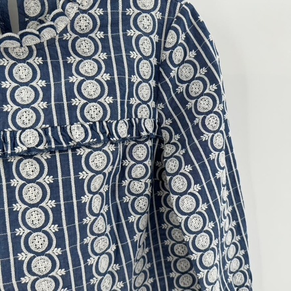 Boden Boho Peasant Embroidered Top Sz 6 Blue White Boxy High Neck LS Bib Front - Picture 2 of 5